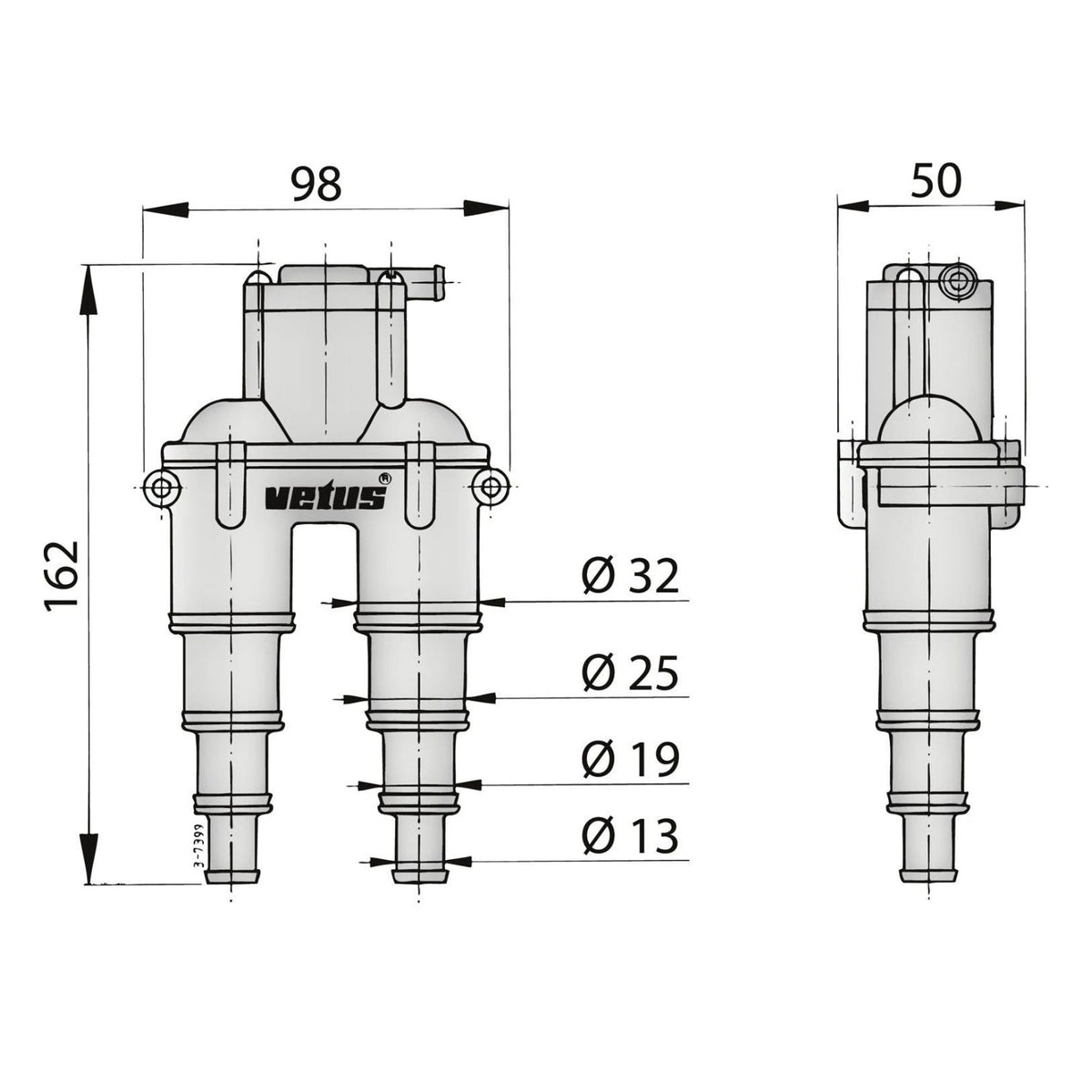 Vetus ventiliacijos įtaisas su žarna (įskaitant 4 m žarnos ir korpuso pralaidą), 13–32 mm – AIRVENTH