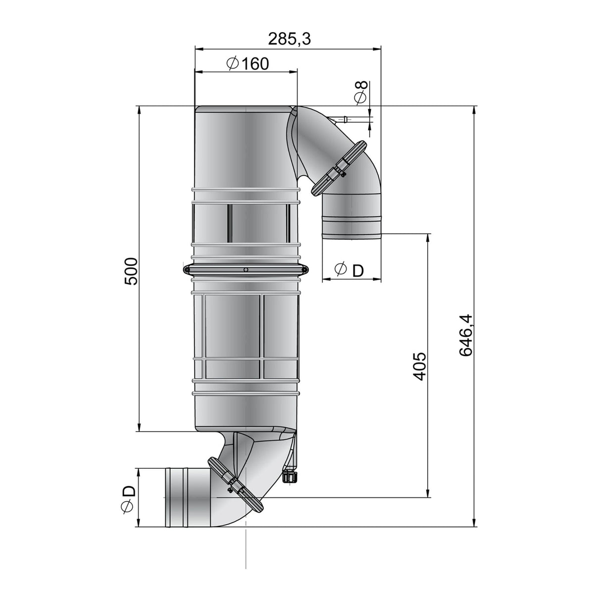 Vetus pasukamas duslintuvas / gulbės kaklas NLPG, su pasukamu įėjimu ir išėjimu, žarnai Ø 75 mm – NLPG75