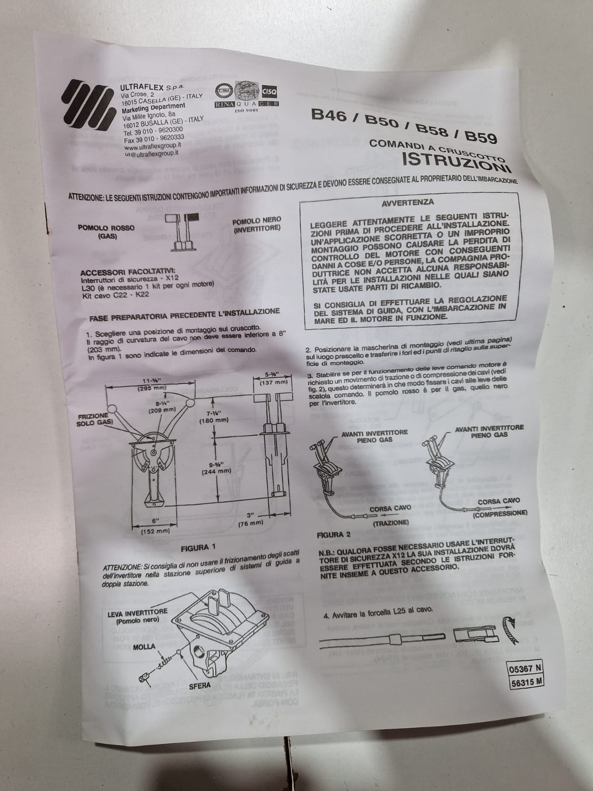 Ultraflex B46 valdymo svirtis / pavarų mechanizmas