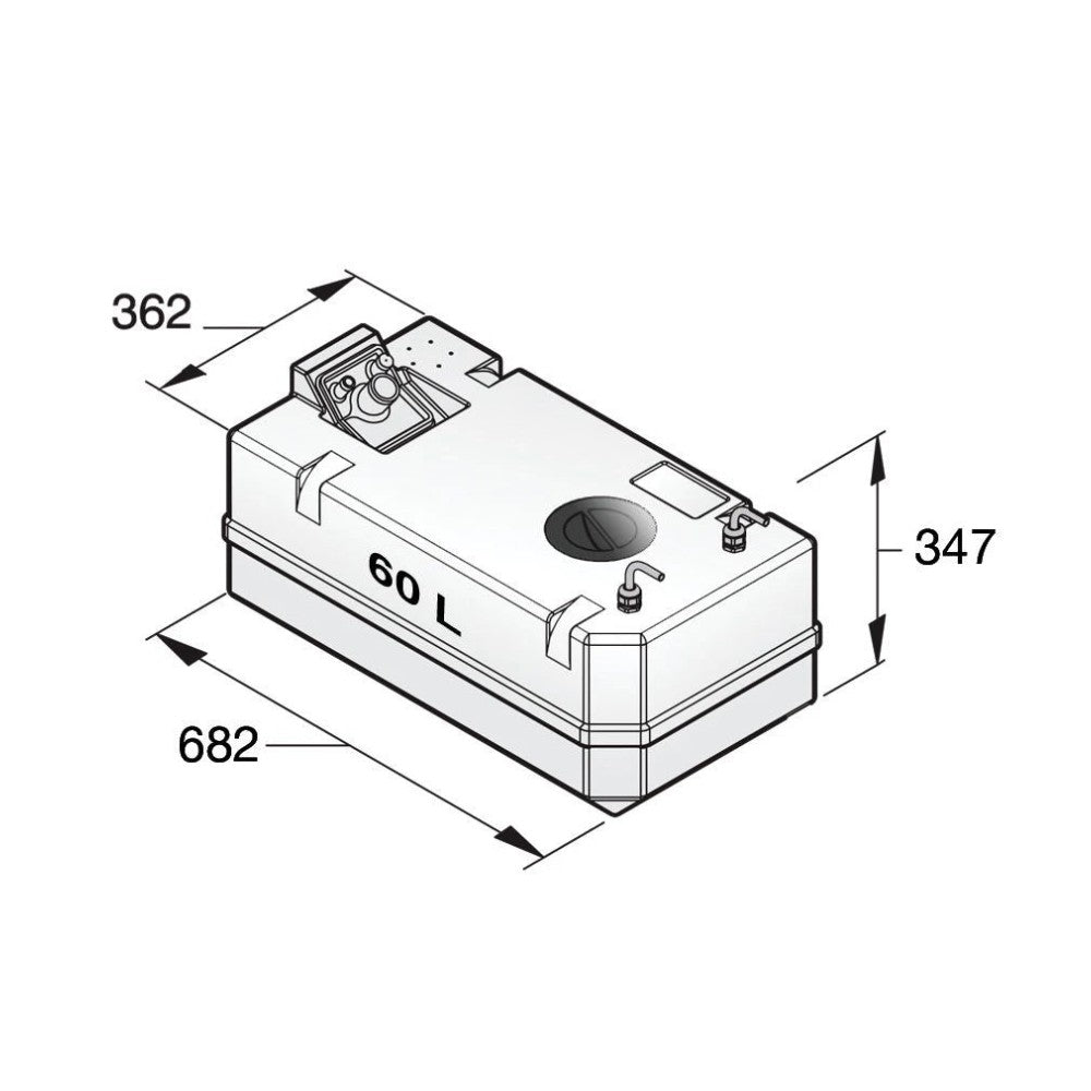 Vetus sintetinis dyzelino bakas 60 l, su jungtimis, 8 mm kuro žarnai – FTANK60A